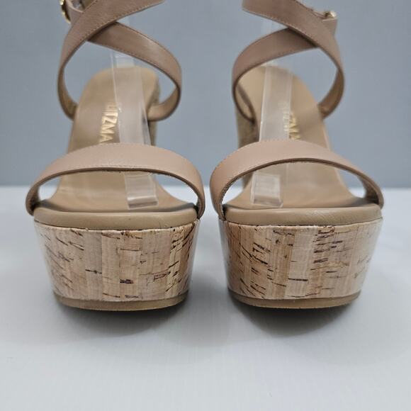 NEW Stuart Weitzman 5050 Wedge Womens 9 Tan Leather Raffia Cork Platform Heel - Picture 6 of 13